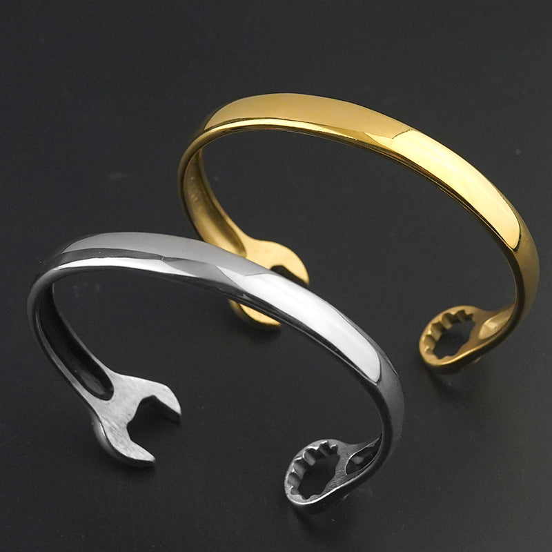 New Titanium Steel Fashion Personality Trendy Cool Men's Open Stainless Steel Wrench Bracelet Factory Wholesale