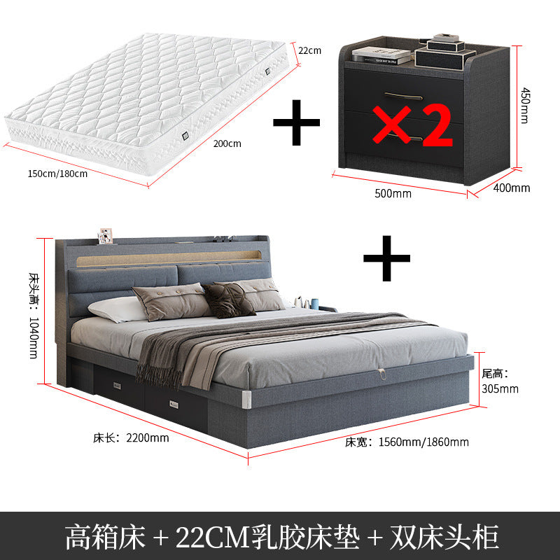 Technology Cloth Bed1.8Small Apartment Bedroom Double Bed Gray High Box Storage Bed with Technology Fabric Wear-Resistant Bed