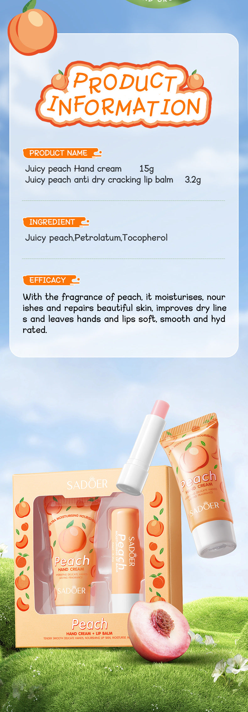 Full English Peach Hand Cream Lip Balm Set SADOER Nourishing Autumn and Winter Hand Cream Lip Balm  Wholesale