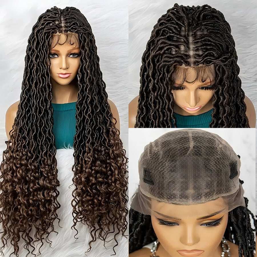 European and American African Full Lace Synthetic Fiber Curved Top and Bottom Hand-Crocheted Lace Headpiece Faux Locs Wig Full Lace Wig