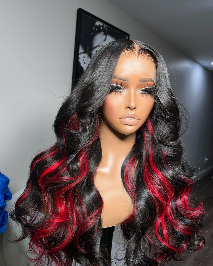 Black With RED Lace Front Wigs 13X4 Body Wave Synthetic Wigs