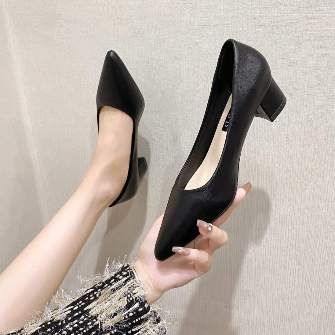 Etiquette Black Large Size High Heels Shallow Mouth Pointed Toe Non-Chafing Single Shoes Women Chunky Heel Professional Versatile Mid-Heel Work Shoes