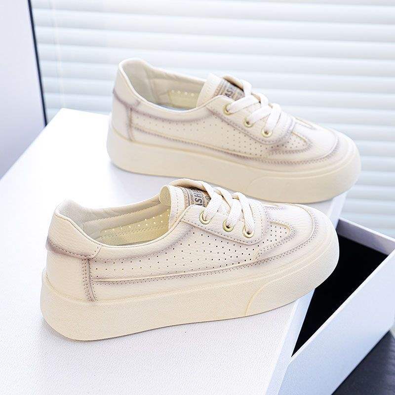 2025Spring and Summer New Hollow Breathable Lightweight White Shoes for Women Versatile Soft Sole Sports Thick Sole Casual Sneakers
