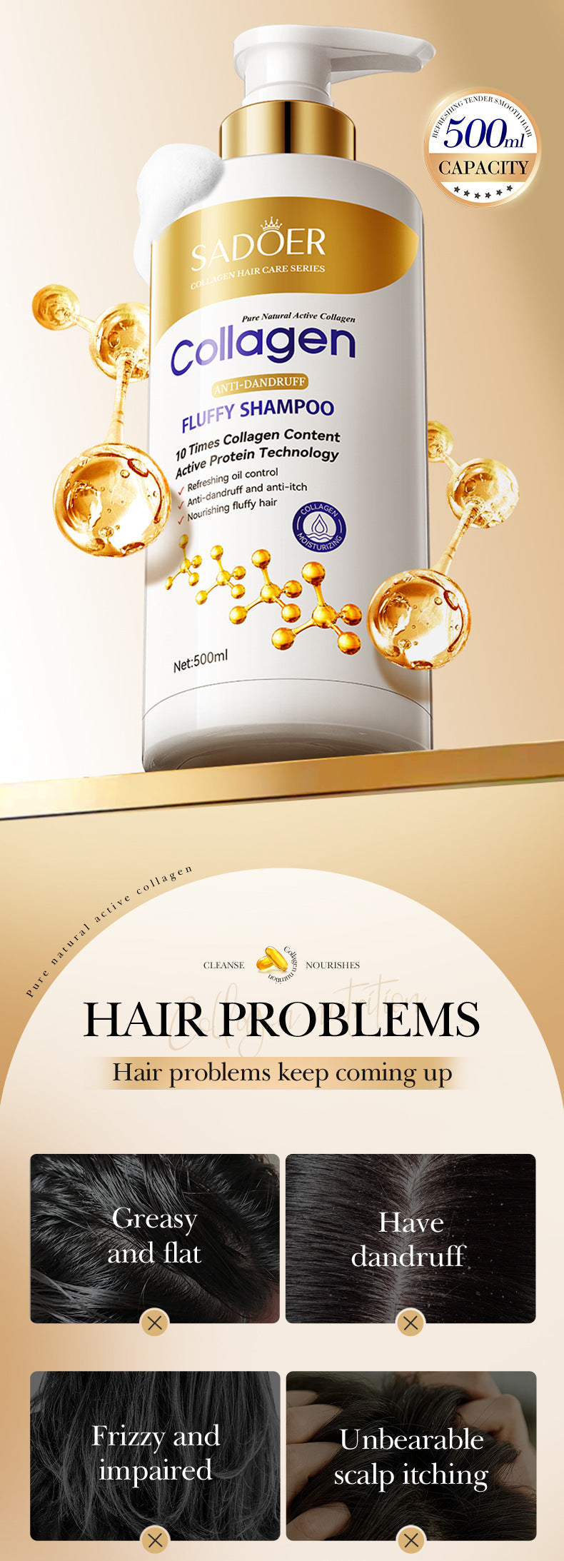 Full English Collagen Anti-Dandruff Shampoo500ml SADOER Smooth Clean Fluffy Shampoo Wholesale