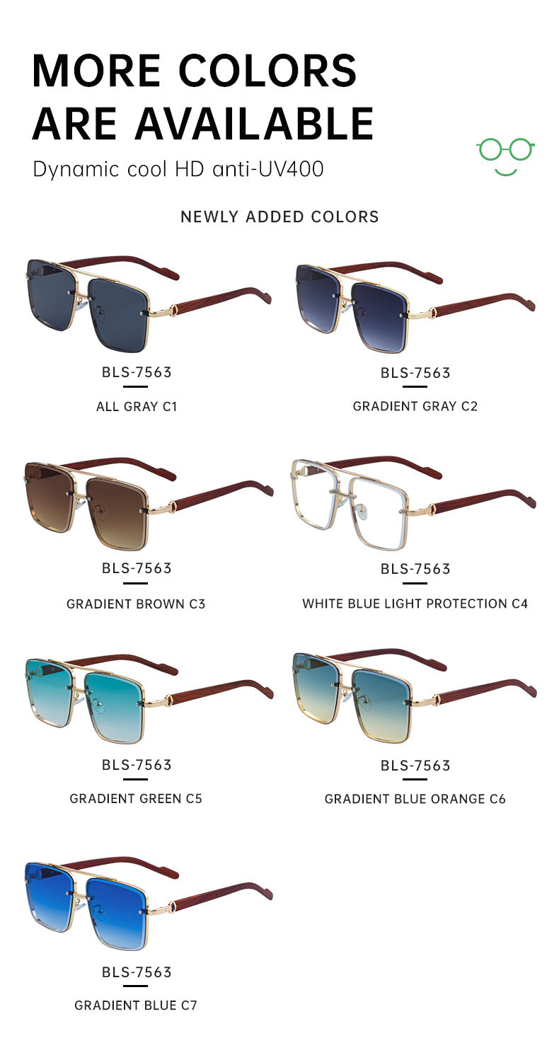 European and American Style Square Frame Cut Edge Sunglasses for Men with Imitation Wood Grain Temples, Men's Trendy Wholesale sunglass