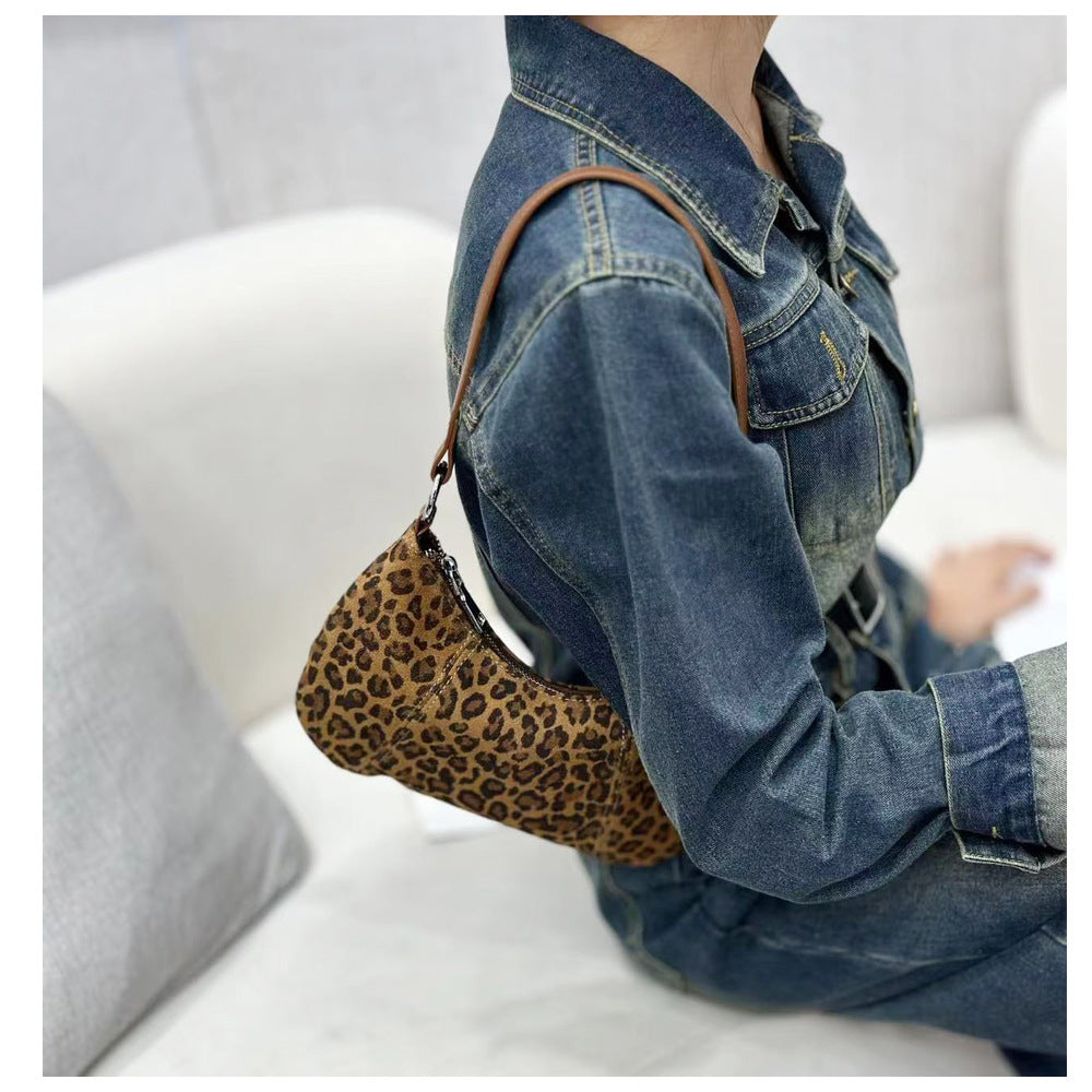 Autumn and winter niche leopard print underarm bag2025New Matte Top Layer Cowhide Single Shoulder Crossbody Bag Handheld Small Bag