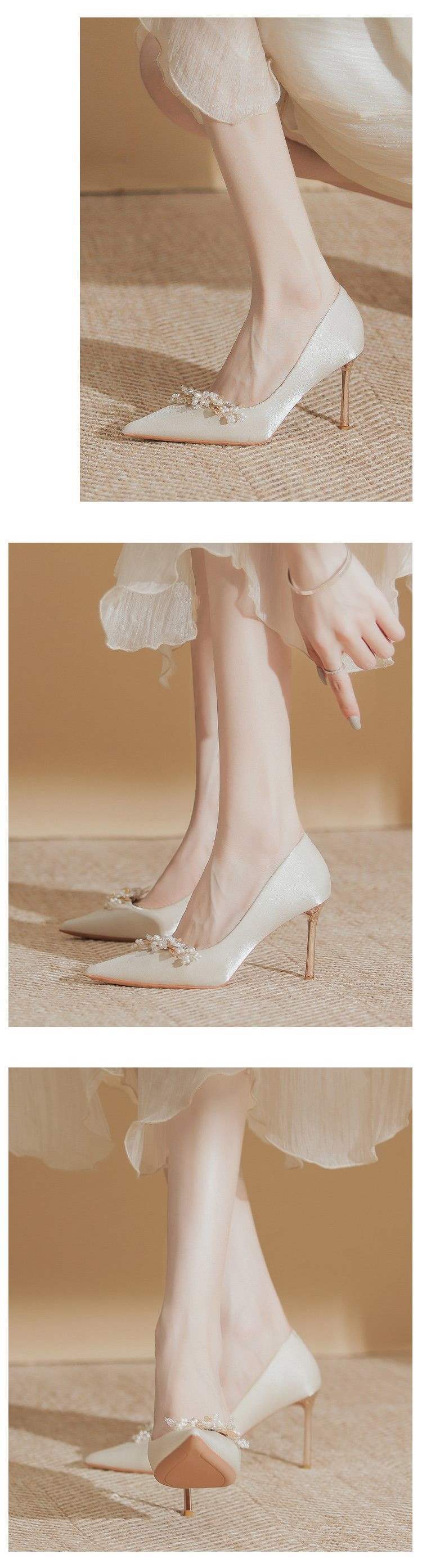 Silk Satin High Heels for Women, Thin Heel, Bridesmaid2025New Year's New Wedding Dress Engagement Two-Wear French Style Non-Tiring Pointed Toe Wedding Shoes