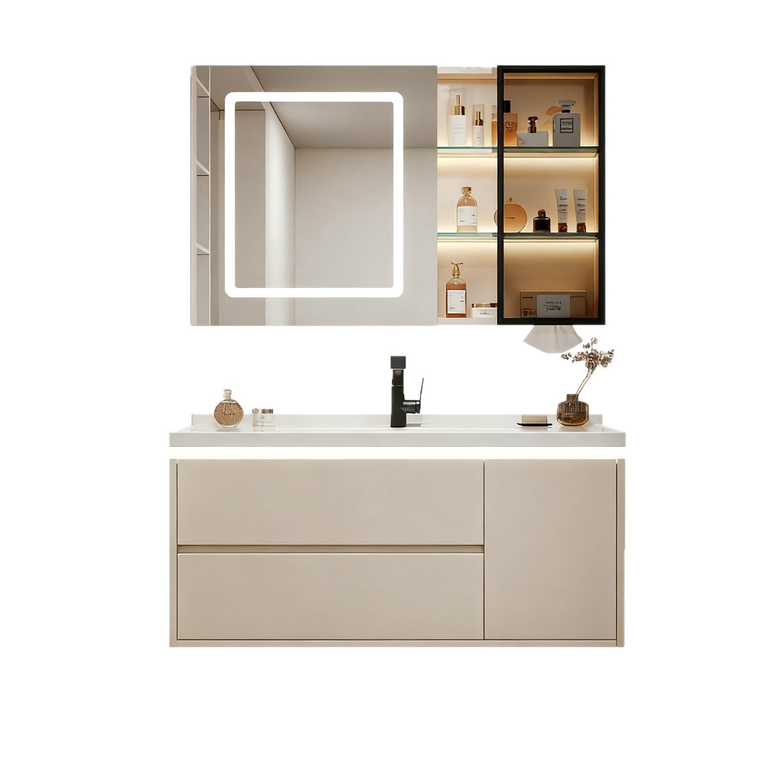 Custom Aluminum Alloy Bathroom Cabinet with Ceramic Integrated Wash Basin Combination, Cream Style