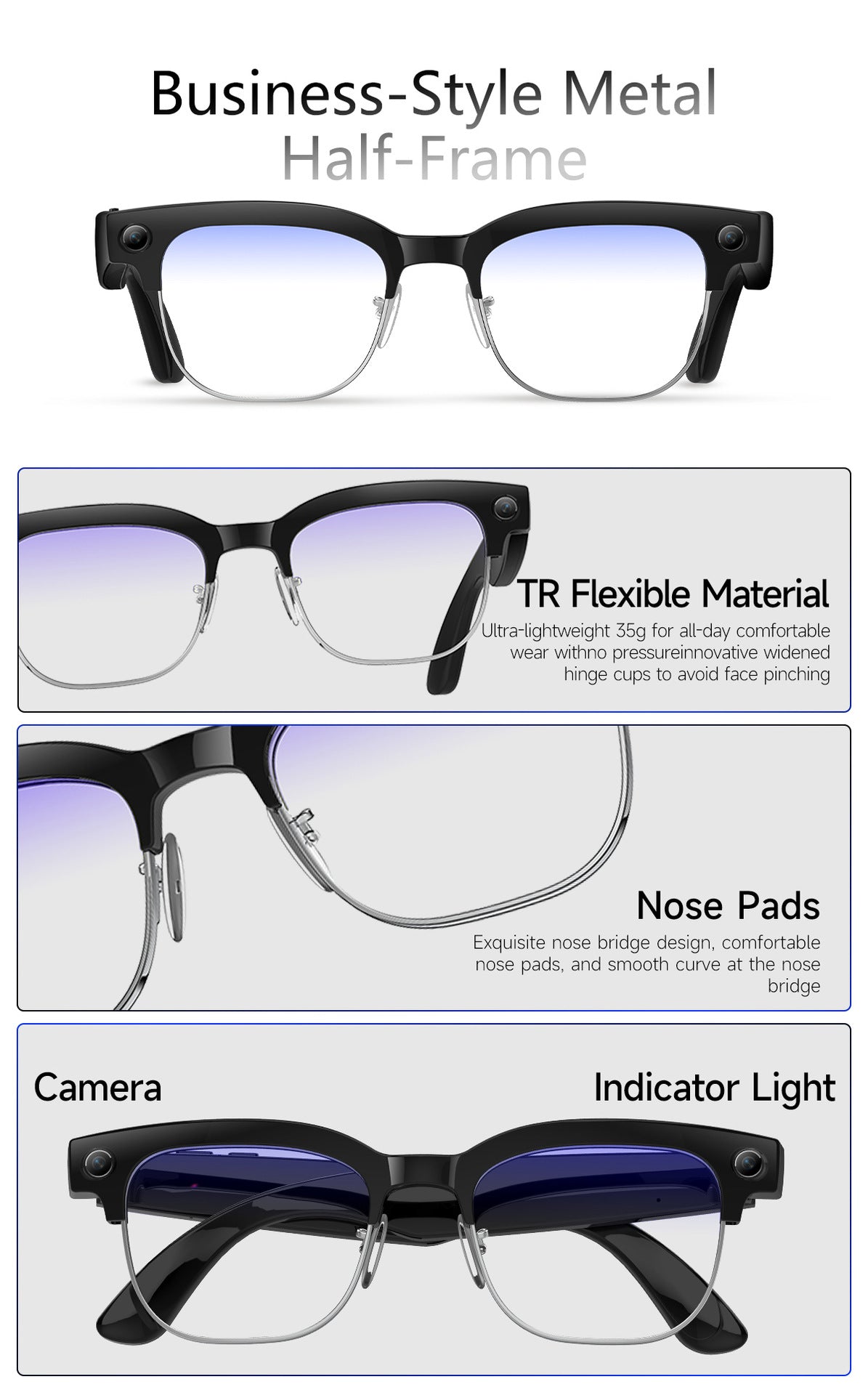 W630Smart Glasses800Megapixel photochromic lens with image stabilization for video recording AI Simultaneous Translation Recognition