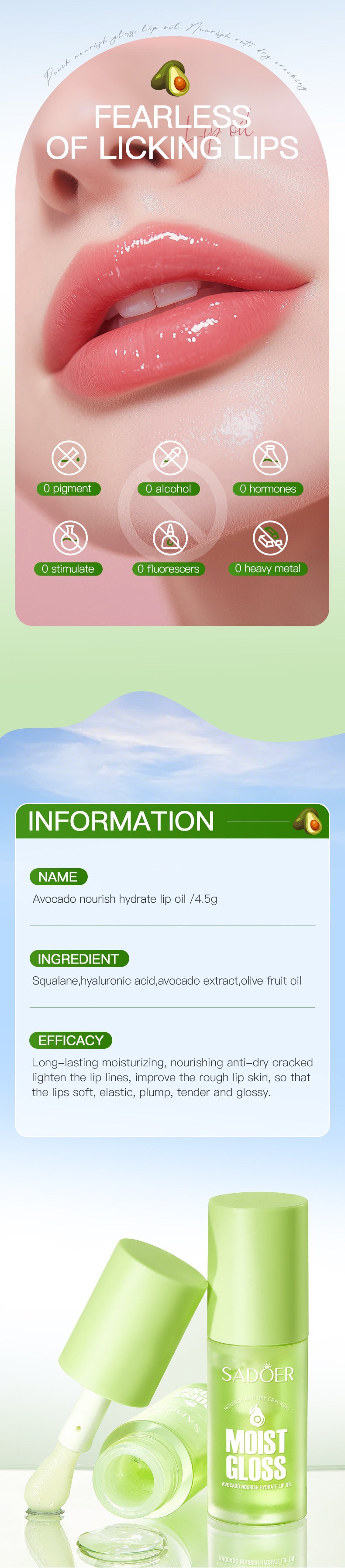 Cross-border Fruit Lip Oil4.5g Avocado Nourishing and Hydrating Autumn and Winter Moisturizing Lip Balm Export Manufacturer Wholesale