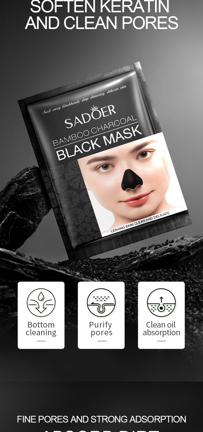 Full English Nose Strips Pack SADOER Bamboo Charcoal Blackhead Absorbing Nose Mask Patch T District Nursing  Foreign Trade Wholesale