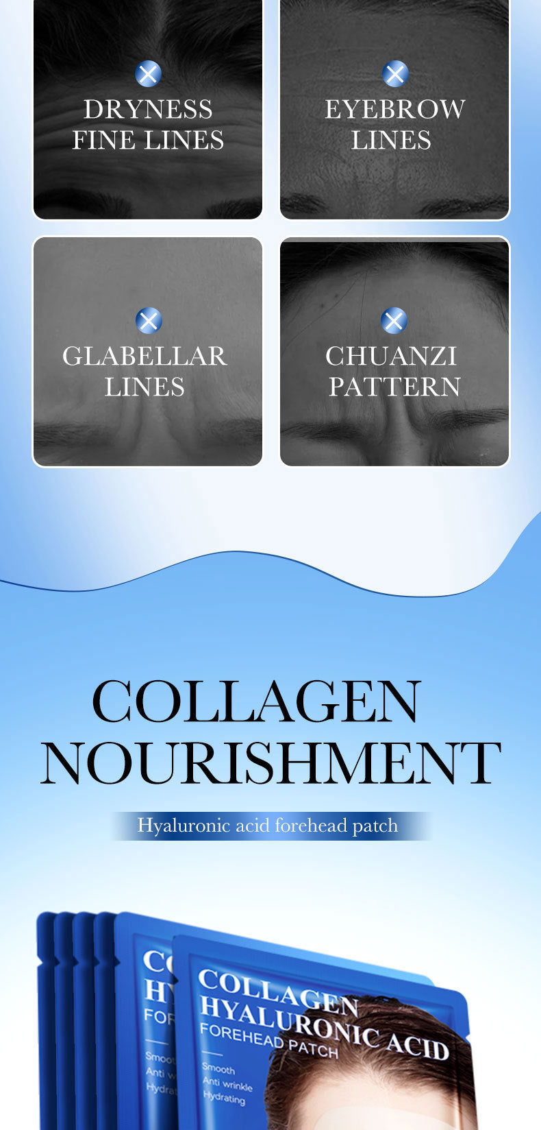 Full English Hyaluronic Acid Forehead Patch SADOER Collagen Firming Improves Forehead Wrinkles  Wholesale