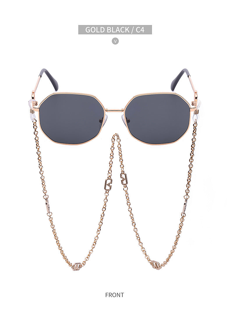 Chain Sunglasses for Women, Internet Celebrity Style, Anti-Drop Chain, Irregular Polygonal Full Frame Sunglasses for Women, Trendy