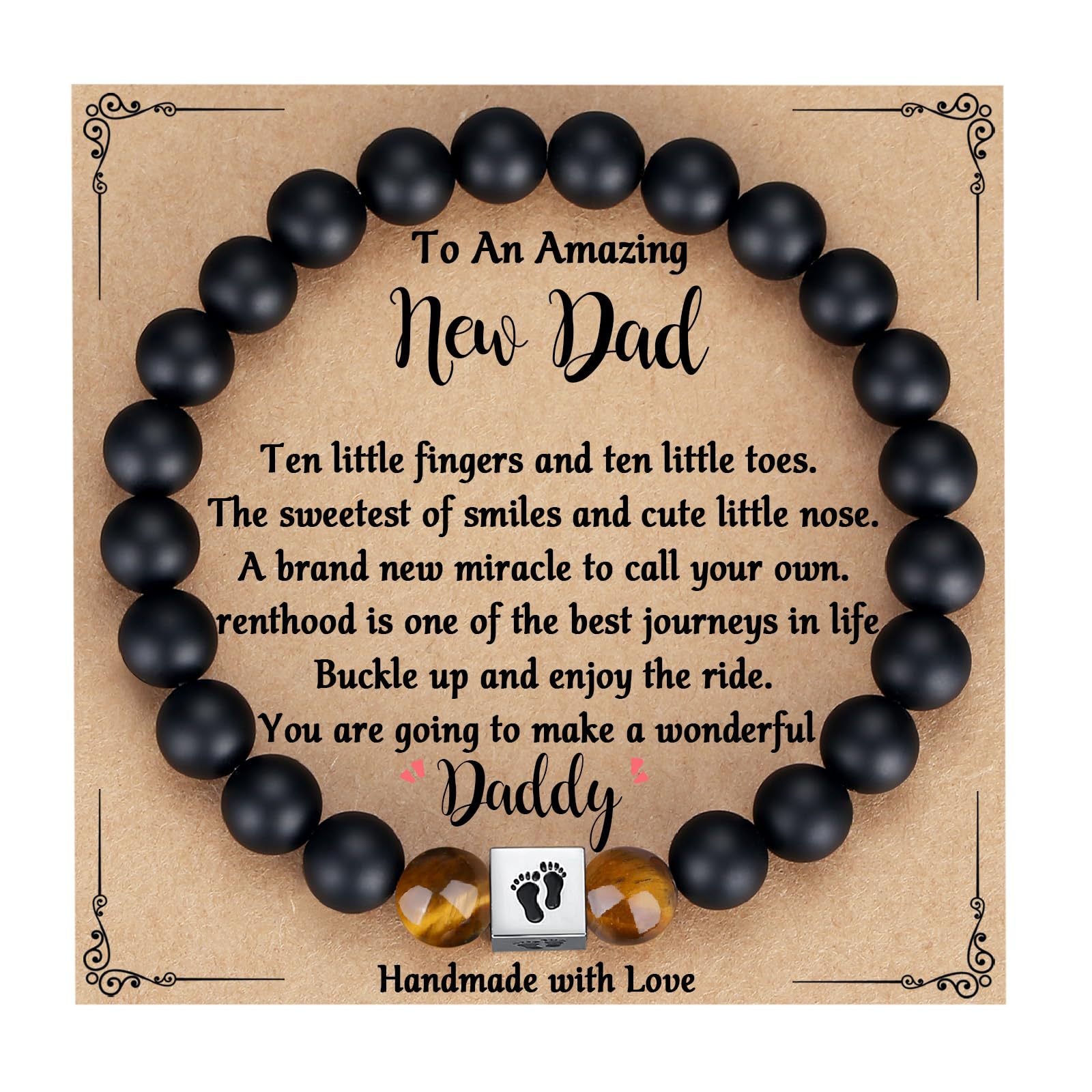 Men's Holiday Gift Bracelet Tiger Eye Stone Bracelet Stainless Steel Foot Sole Father's Day Gift Black Matte Bracelet