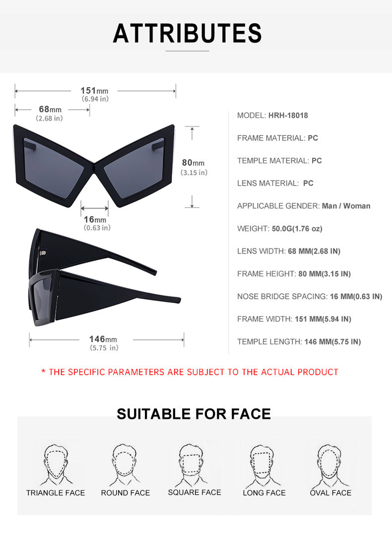 New arrivalStylish large frame cat eye sunglasses European and American Style Personality Hip-Hop Internet Celebrity Beach Party Sunglasses