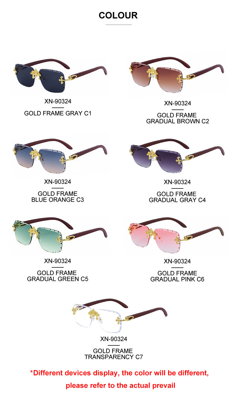 2025New European and American Retro Frameless Sunglasses for Men with Diamond Cut Edge and Imitation Wood Grain Temples Wholesale