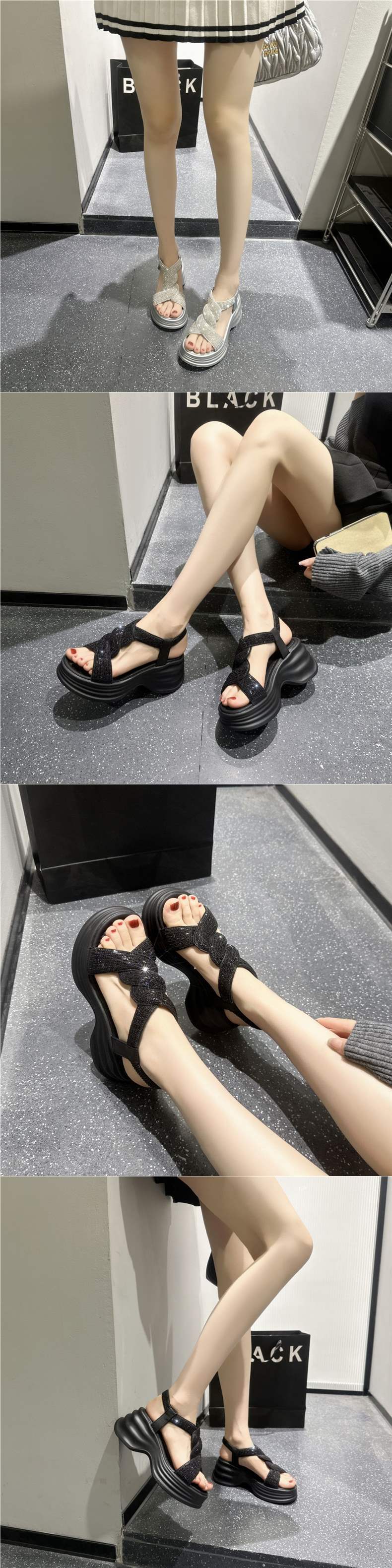Trendy Summer High Heel Sandals7cm Rhinestone Fish Mouth Thick Sole Sandals Versatile Breathable