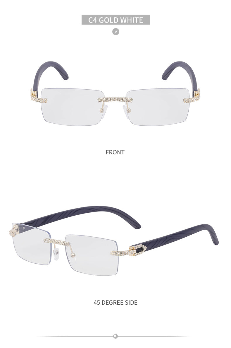 European and American Retro Frameless Men's Sunglasses with Diamond Inlay and Wood Grain Temples New Style Glasses Wholesale shades