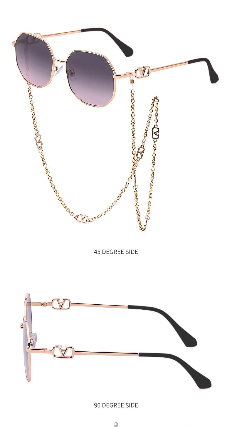 Chain Sunglasses for Women, Internet Celebrity Style, Anti-Drop Chain, Irregular Polygonal Full Frame Sunglasses for Women, Trendy