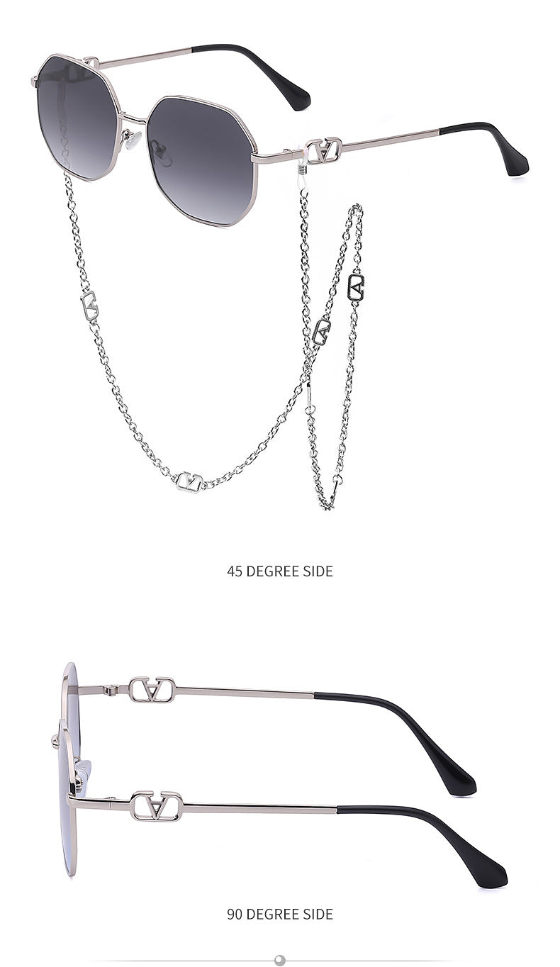 Chain Sunglasses for Women, Internet Celebrity Style, Anti-Drop Chain, Irregular Polygonal Full Frame Sunglasses for Women, Trendy