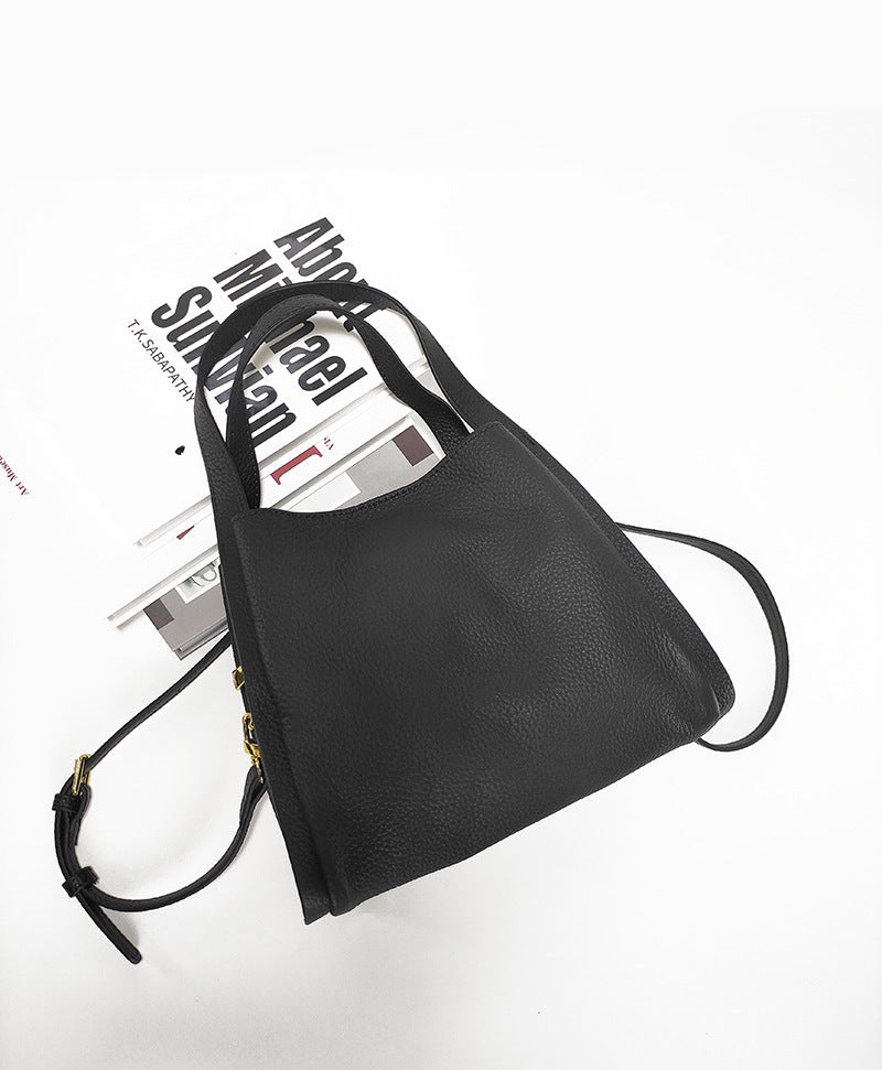 Genuine Leather Basket Bag Handheld Bucket Bag Women's Winter Crossbody Bag Large Capacity Top Layer Cowhide Bucket Style