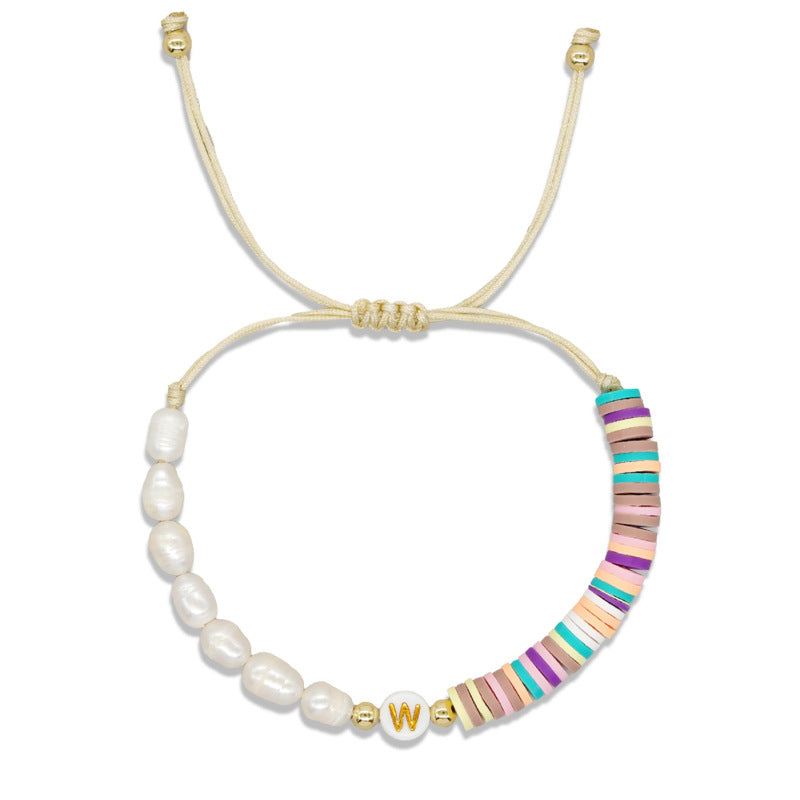 Imitation pearl26Letter Bracelet Bohemian Casual Vacation Bracelet Gold Beads Stretchable Soft Clay Woven Bracelet