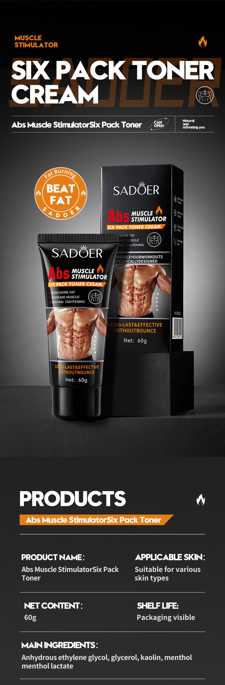 Full English Men's Abdominal Shaping Heating Cream60g SADOER Waist and abdomen slimming cream  wholesale
