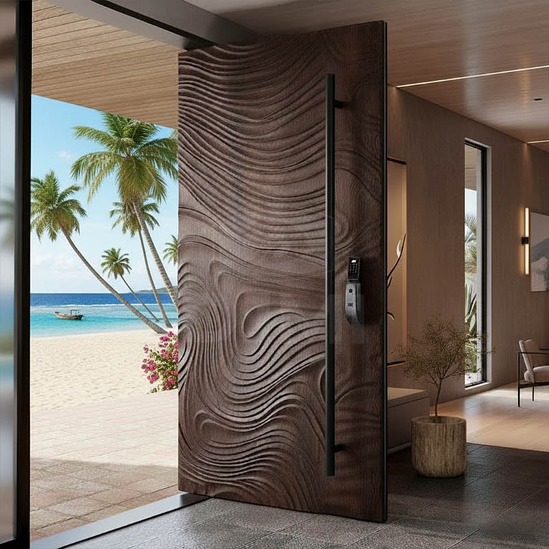 Luxury Custom Irregular Wave Series: 2026 Most Popular Solid Wood Entrance Door for Villa Residential Exterior Front Entry Door