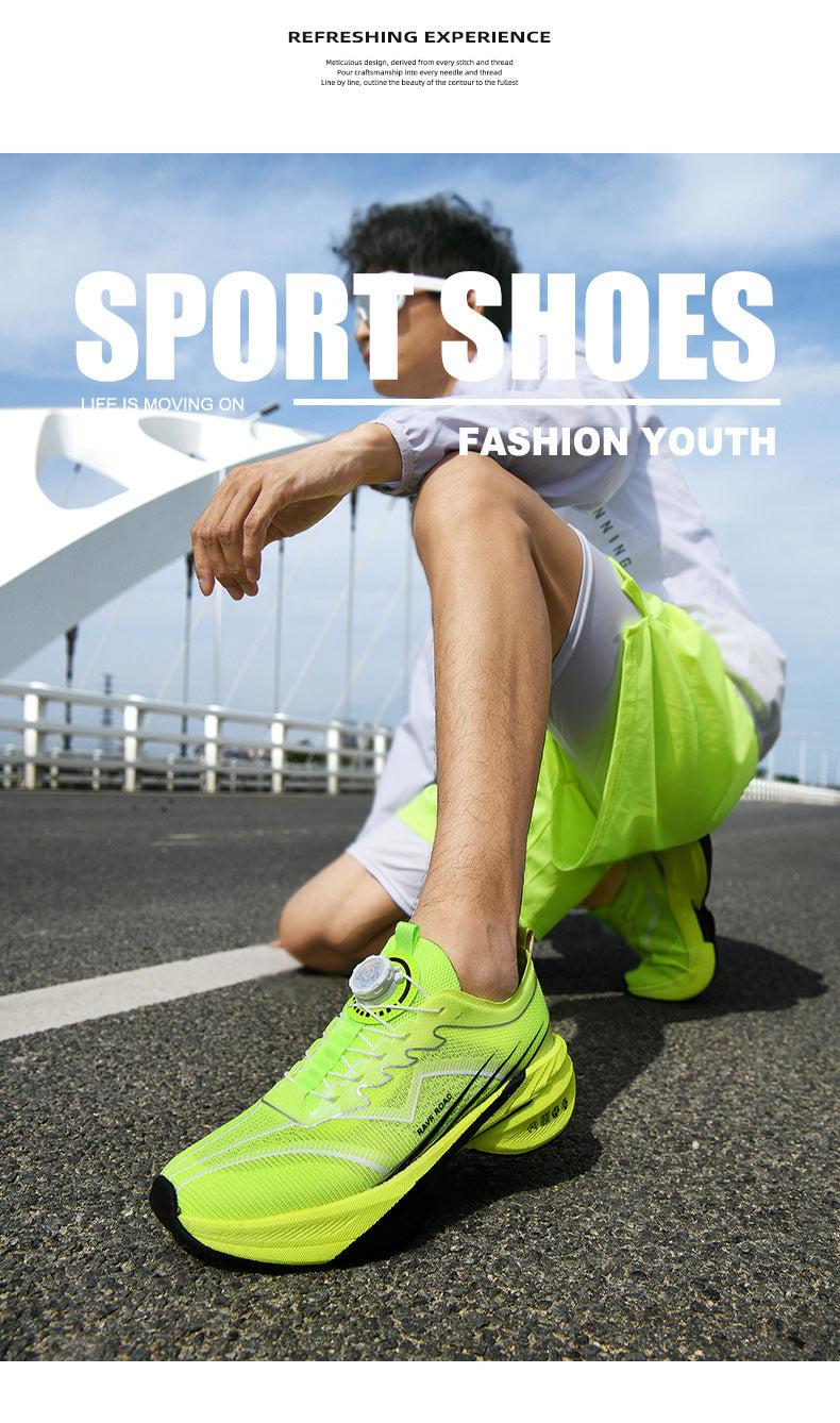 Summer New Hollow Breathable Rotating Buckle Racing Running Shoes Full Palm Carbon Plate Thick Sole Cushioning Sports Shoes