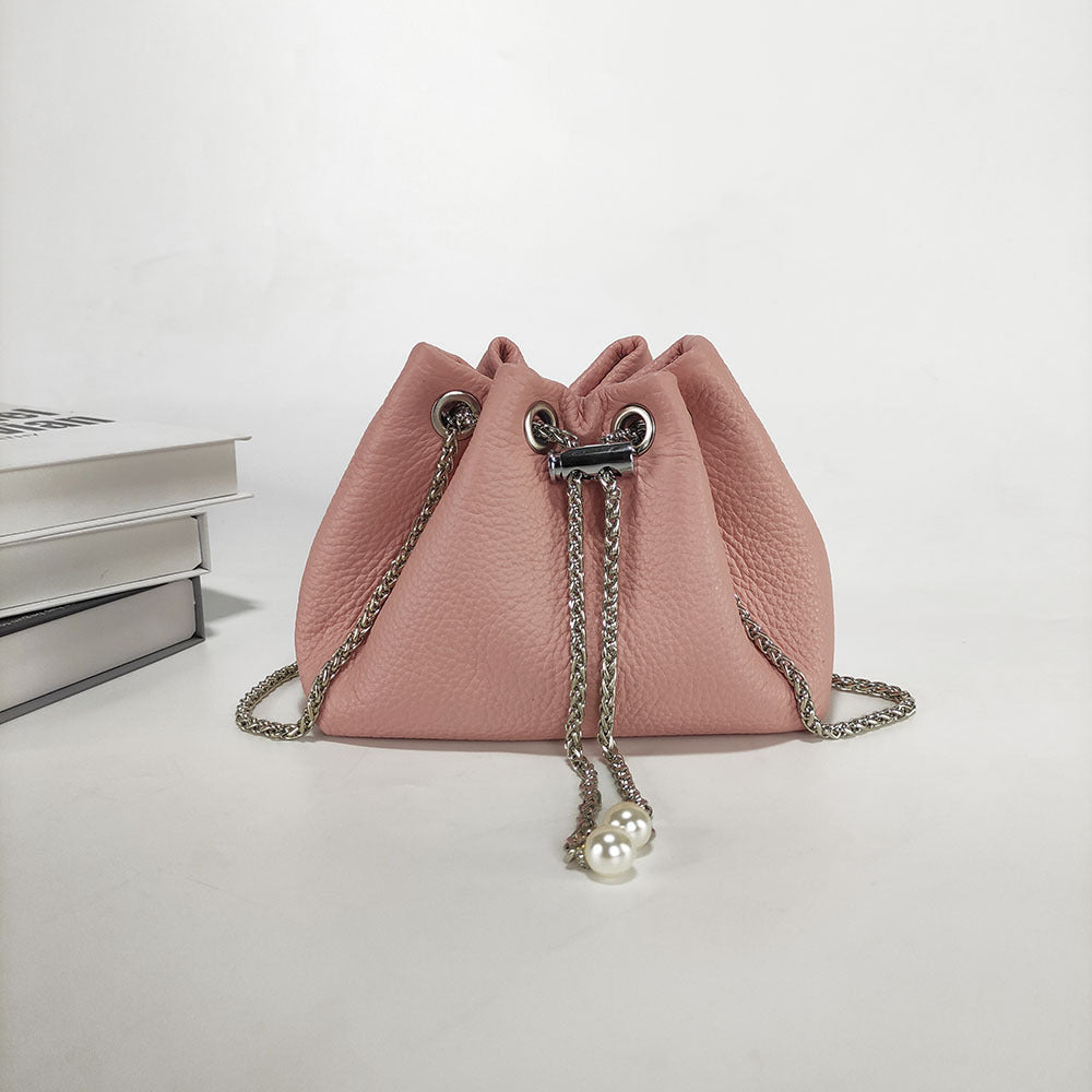 Niche Genuine Leather Bucket Bag for Women2024New Mini Small Bag Top Layer Cowhide Autumn Chain Shoulder Crossbody Bag