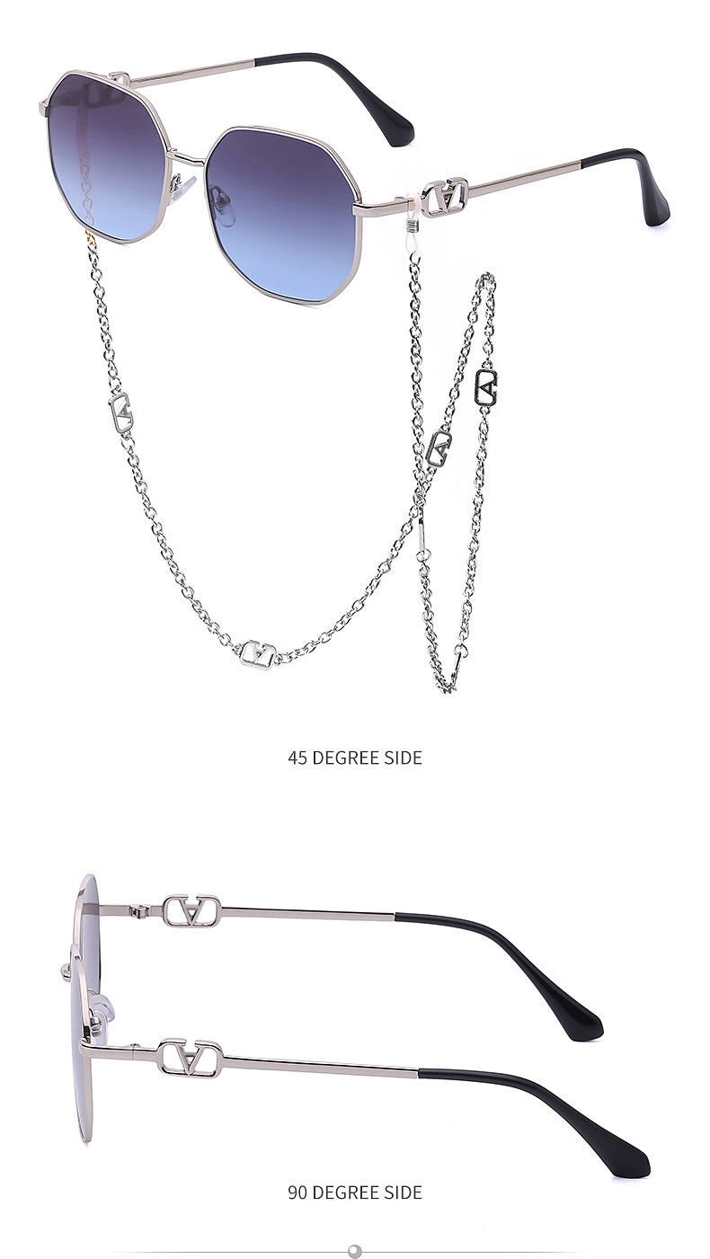 Chain Sunglasses for Women, Internet Celebrity Style, Anti-Drop Chain, Irregular Polygonal Full Frame Sunglasses for Women, Trendy