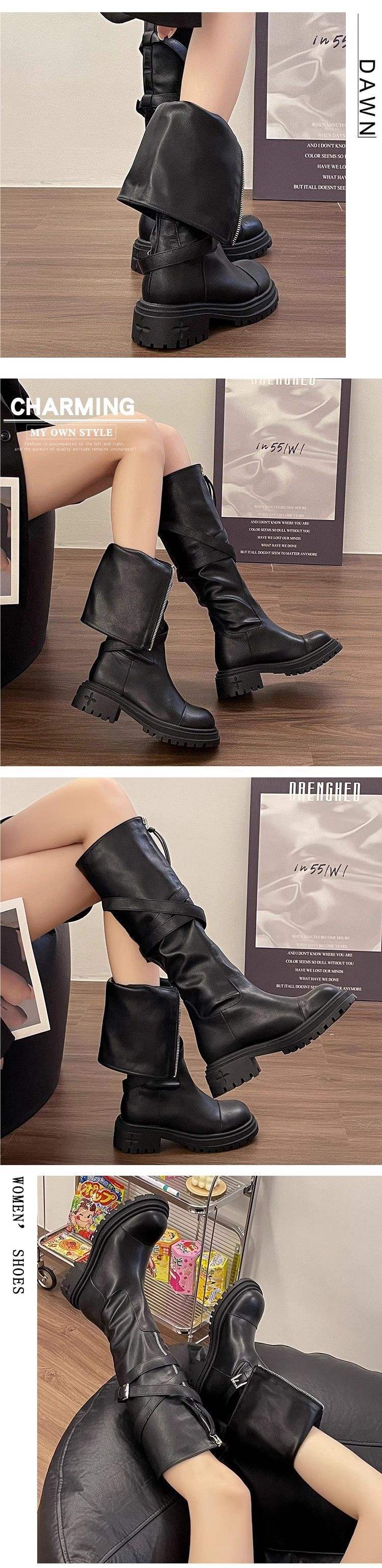 2025Spring and Autumn New Over-the-Knee Boots Women's Martin Boots Belt Buckle Thick-Soled Motorcycle Rider Boots High Tube Fashion Boots