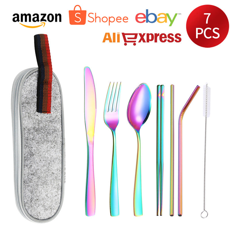 410Stainless Steel Portable Outdoor Camping Tableware Set304Stainless Steel Straw Knife Fork Spoon Chopsticks Seven-Piece Set