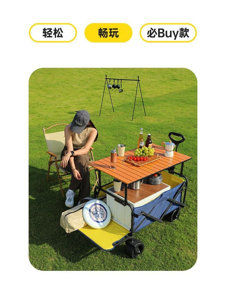 Outdoor Camping Hand-Pulled Stall Cart Reinforced Rear-Opening Picnic Can Be Used at Home with Liftable Table Board Camp Cart Off-Road Wheels