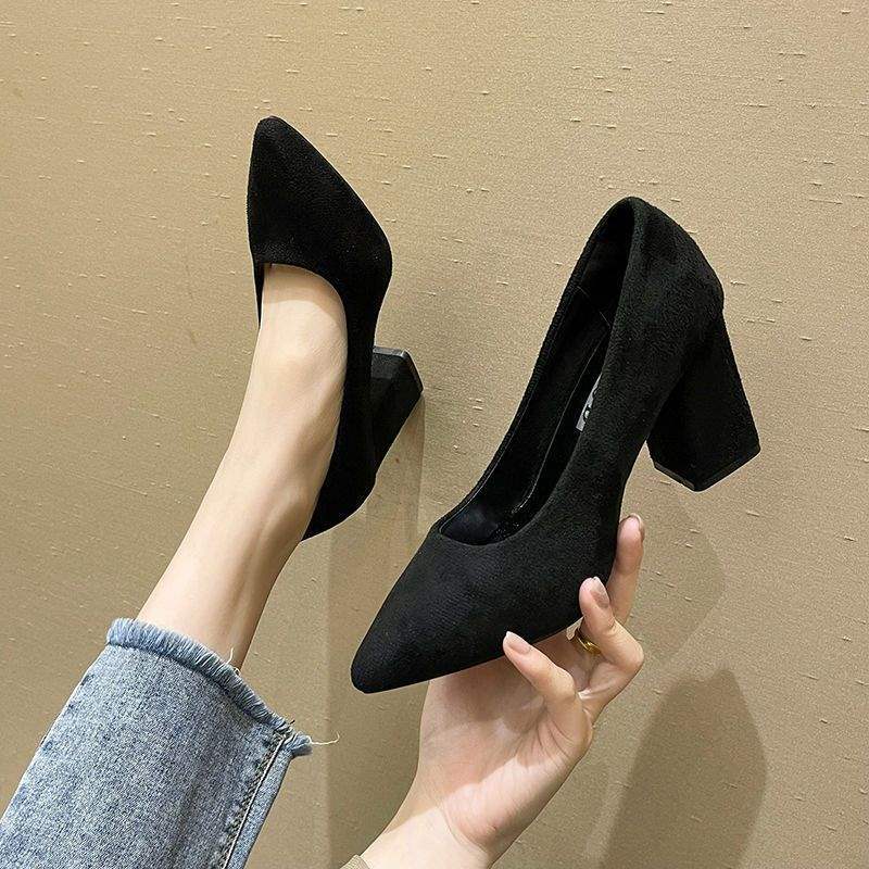 Etiquette Black Large Size High Heels Shallow Mouth Pointed Toe Non-Chafing Single Shoes Women Chunky Heel Professional Versatile Mid-Heel Work Shoes