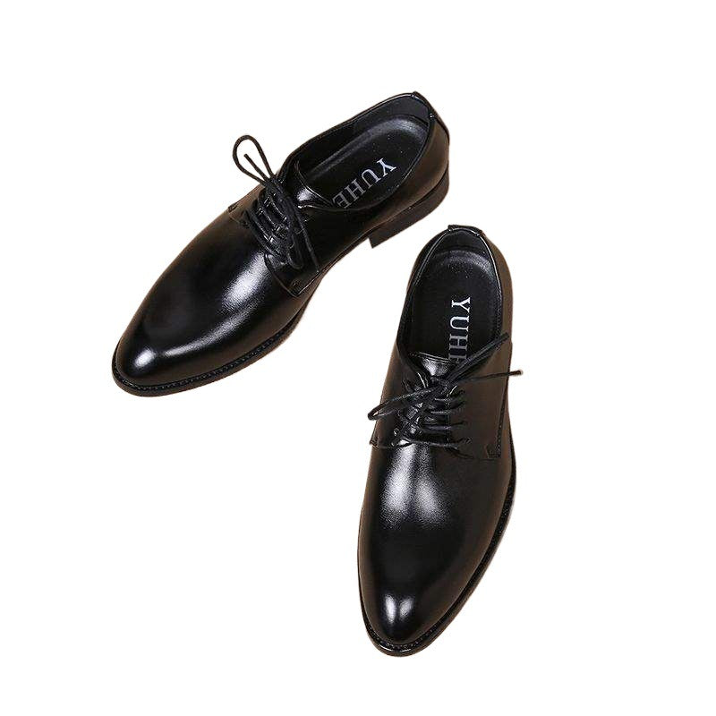 Pointed Toe Lace-Up Business Formal Leather Shoes for Men Korean Version British Style Casual Shoes with Hidden Wedge Versatile Youth Trendy Men's Shoes