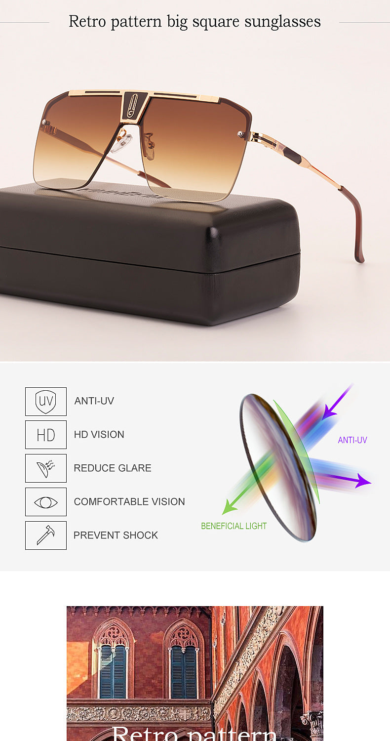 New Large Frame Sunglasses Men's Trendy Cool Fashion Street Style Square Frame Sunglasses Retro Rimless Glasses sunglasses