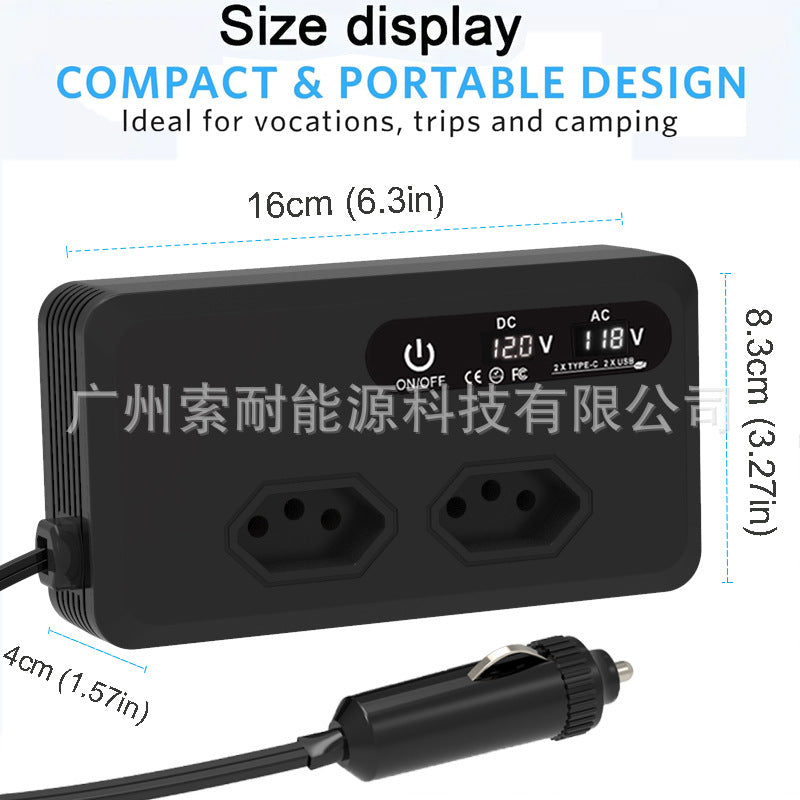 Brazilian standard socket car inverter200W Hot Sale12V Turn110V/220V Double USB Double Type-C