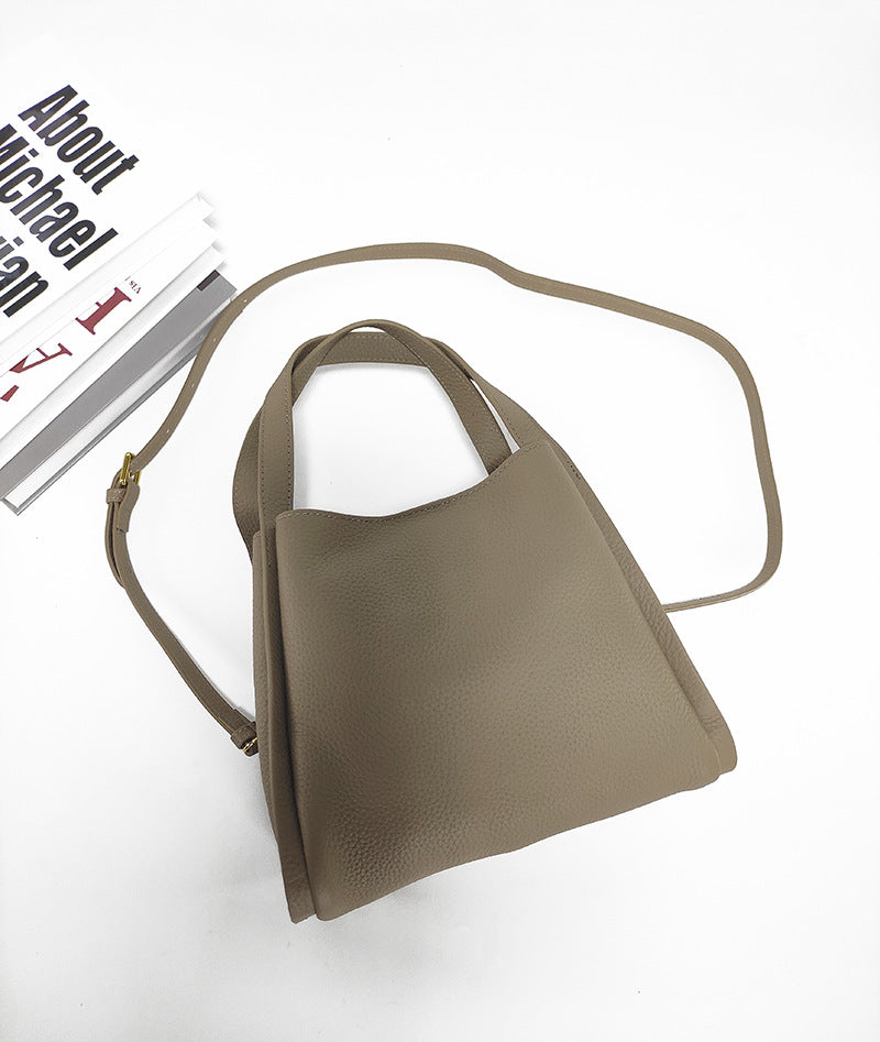 Genuine Leather Basket Bag Handheld Bucket Bag Women's Winter Crossbody Bag Large Capacity Top Layer Cowhide Bucket Style