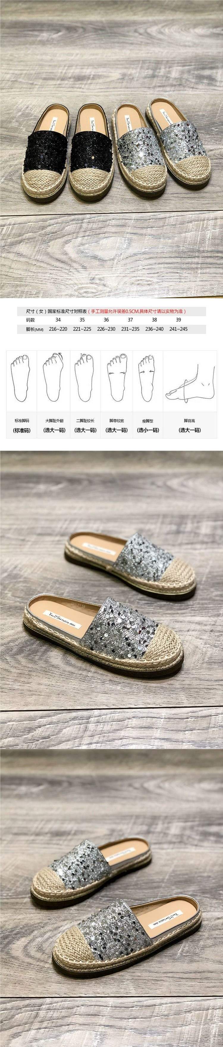2025Spring New Knitted Retro Round Toe Sequin Slip-On Flat Fashion Closed-Toe Half Slippers Backless Fisherman Shoes