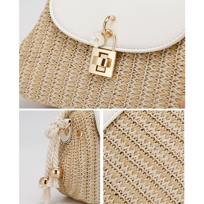 Summer New Style Straw Bag Fashion Box Bag Single Shoulder Crossbody Pleated Handbag Beach Vacation Ethnic Style Women's Bag
