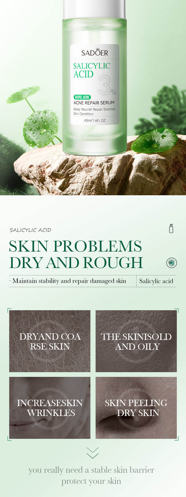 Full English Salicylic Acid Skincare Series SADOER Anti-acne Amino Acid Moisturizing and Hydrating Skin Care Products  Foreign Trade Approval