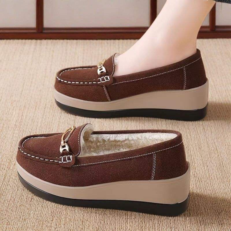 Winter Fleece-Lined Warm Cotton Shoes for Women, Soft Sole Wedge Thick Sole Platform Shoes, Slip-On Mom Shoes