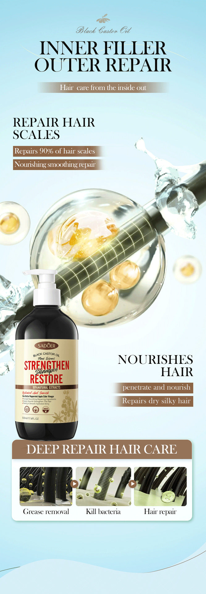 Black Castor Oil Shampoo SADOER Care Nourishing Smooth Anti-Dandruff Shampoo Cross-Border Wholesale