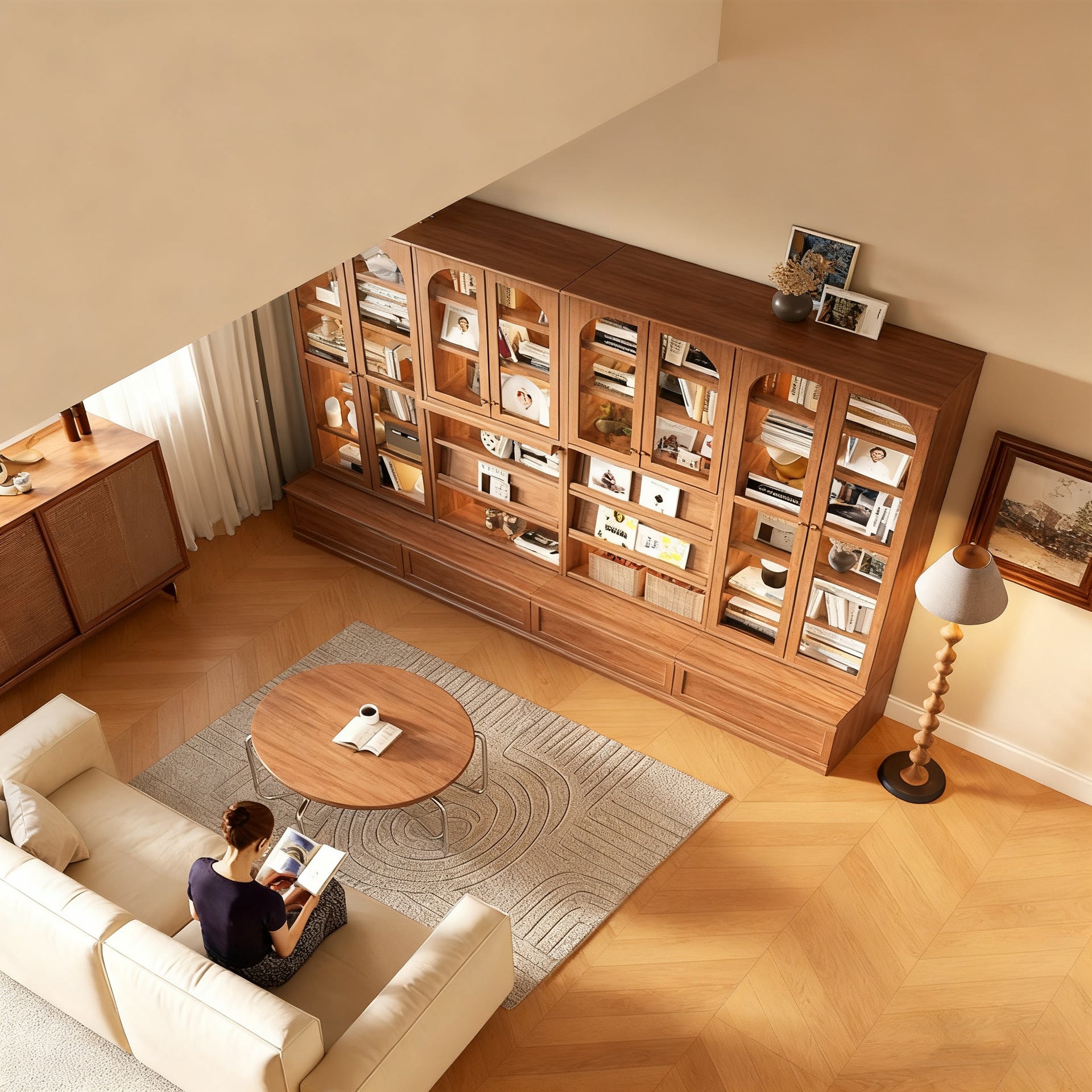 Custom Aluminum Alloy Bookshelf Walnut Color Living Room Combination Integrated Wall Floor Book Storage Display Organizer