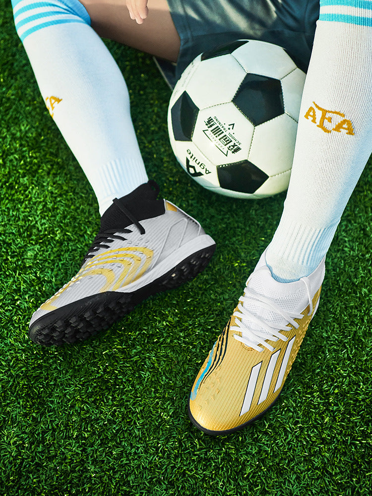 High-top Unisex Youth Soccer Shoes with Broken and Long Spikes for Grass Field Competition Training Student Sports Shoes