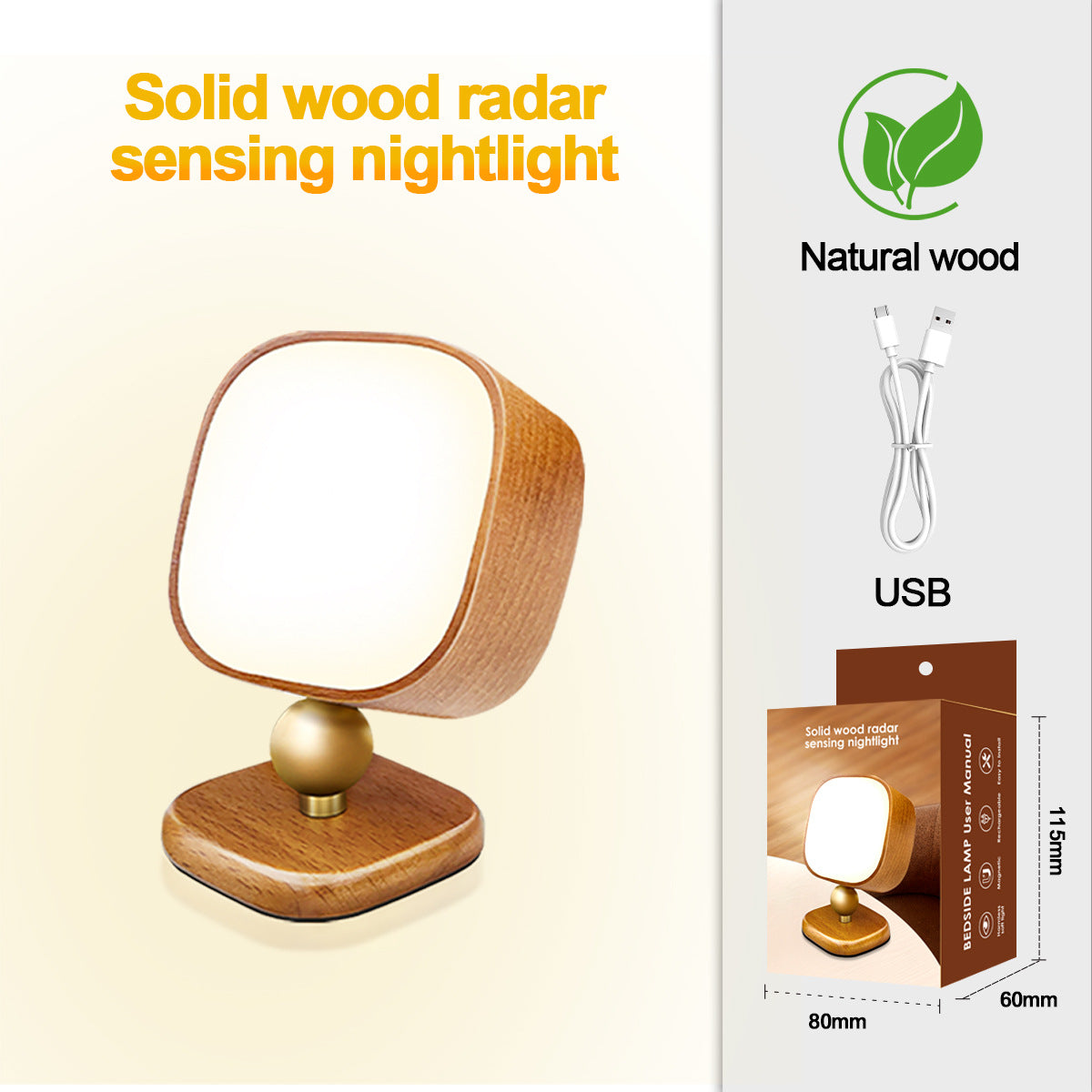 Square Solid Wood Sensor Light New Creative Cabinet Light Bedside Bedroom Smart LED Radar Human Body Night Light