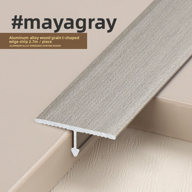 Maya Gray aluminum alloy wood grain t-shaped edge strip, 2.7m length, ideal for flooring transitions.