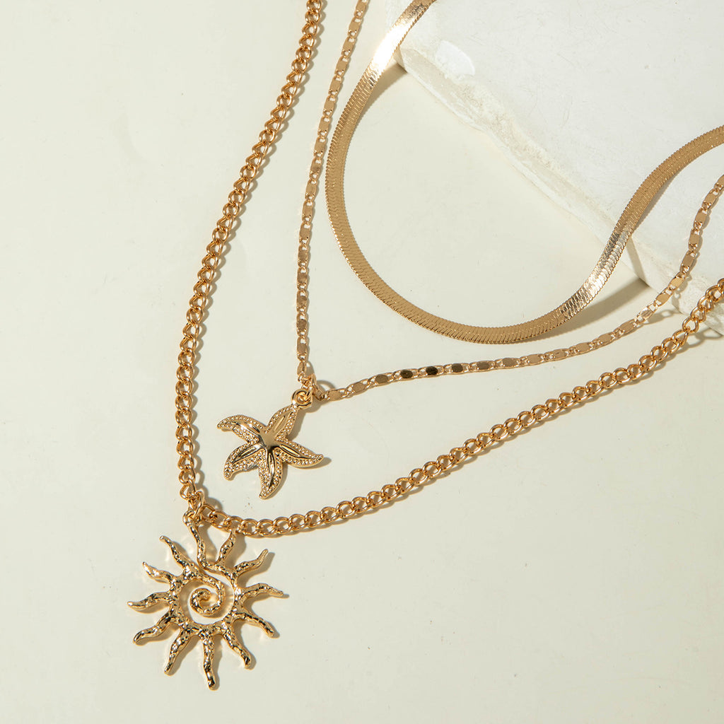 European and American Fashion Jewelry Double Layer Stacked Sunflower Pendant Necklace Simple Flat Snake Necklace Wholesale