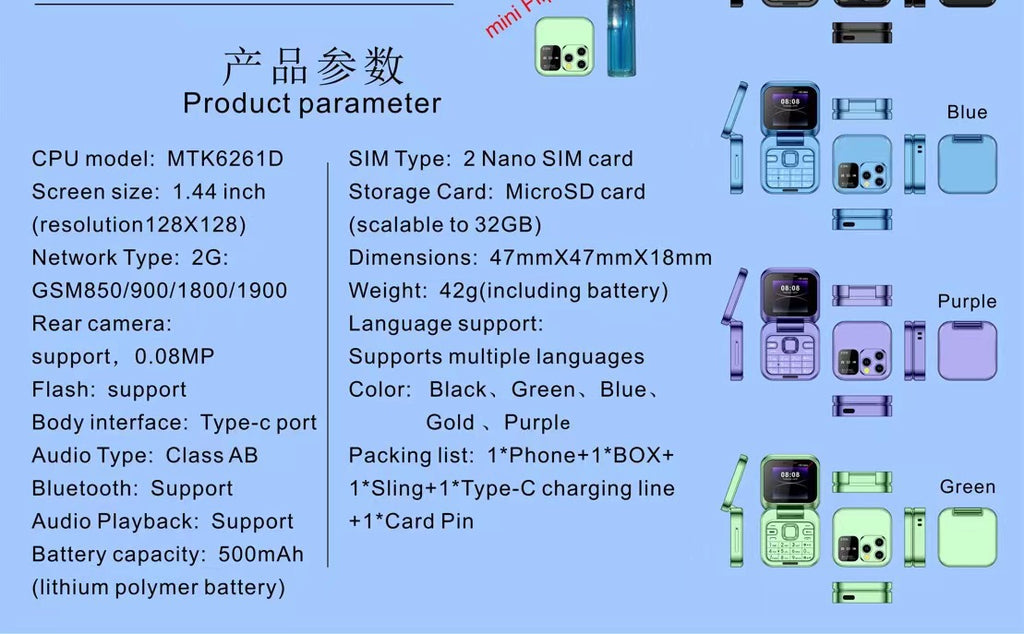 Mini Foldable Feature Phone Flip Cover Elderly Button Phone Pocket Women's Personalized Phone Backup Phone